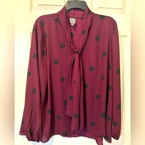 NWT JC Penney Worthington Blouse Burgundy W/Black Randy Dots